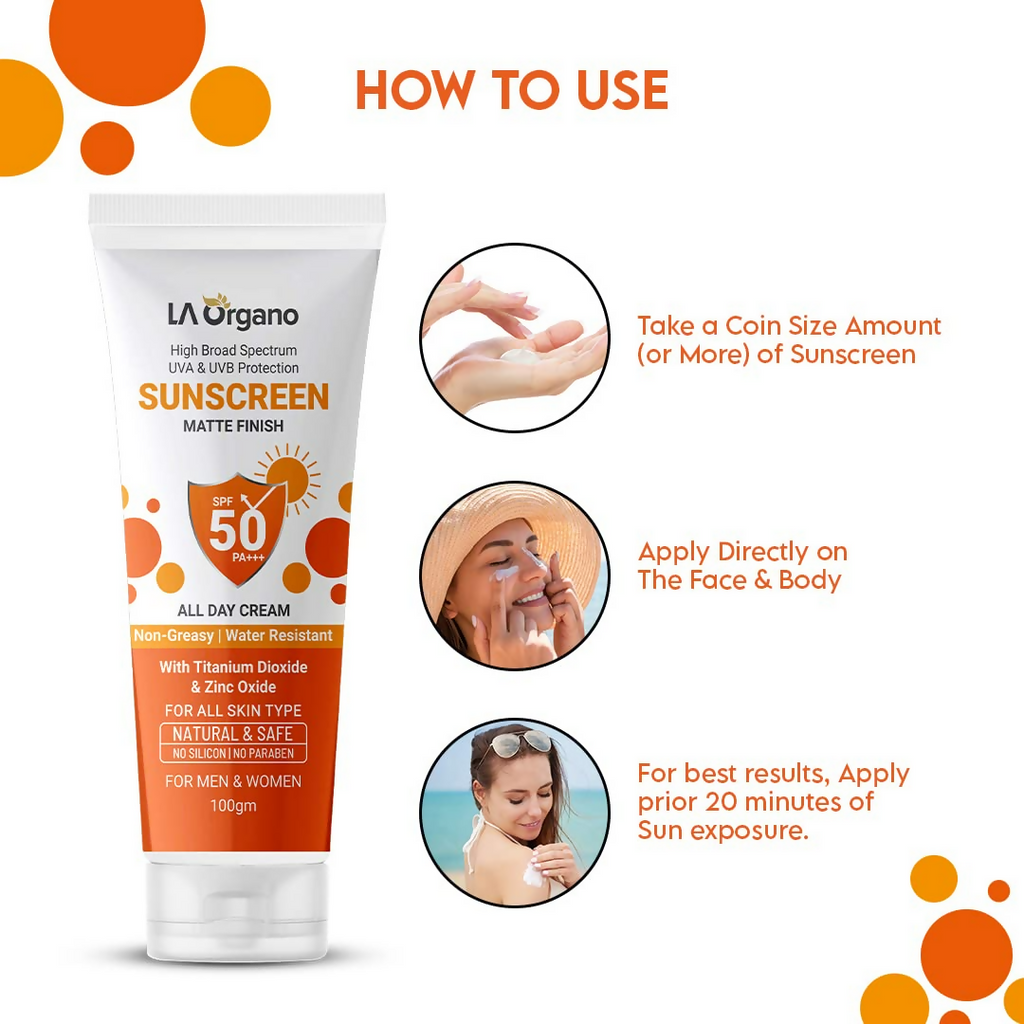 LA Organo Sunscreen Matte Finish All Day Cream SPF 50 PA+++ UVA/UVB Protection | Grocsy