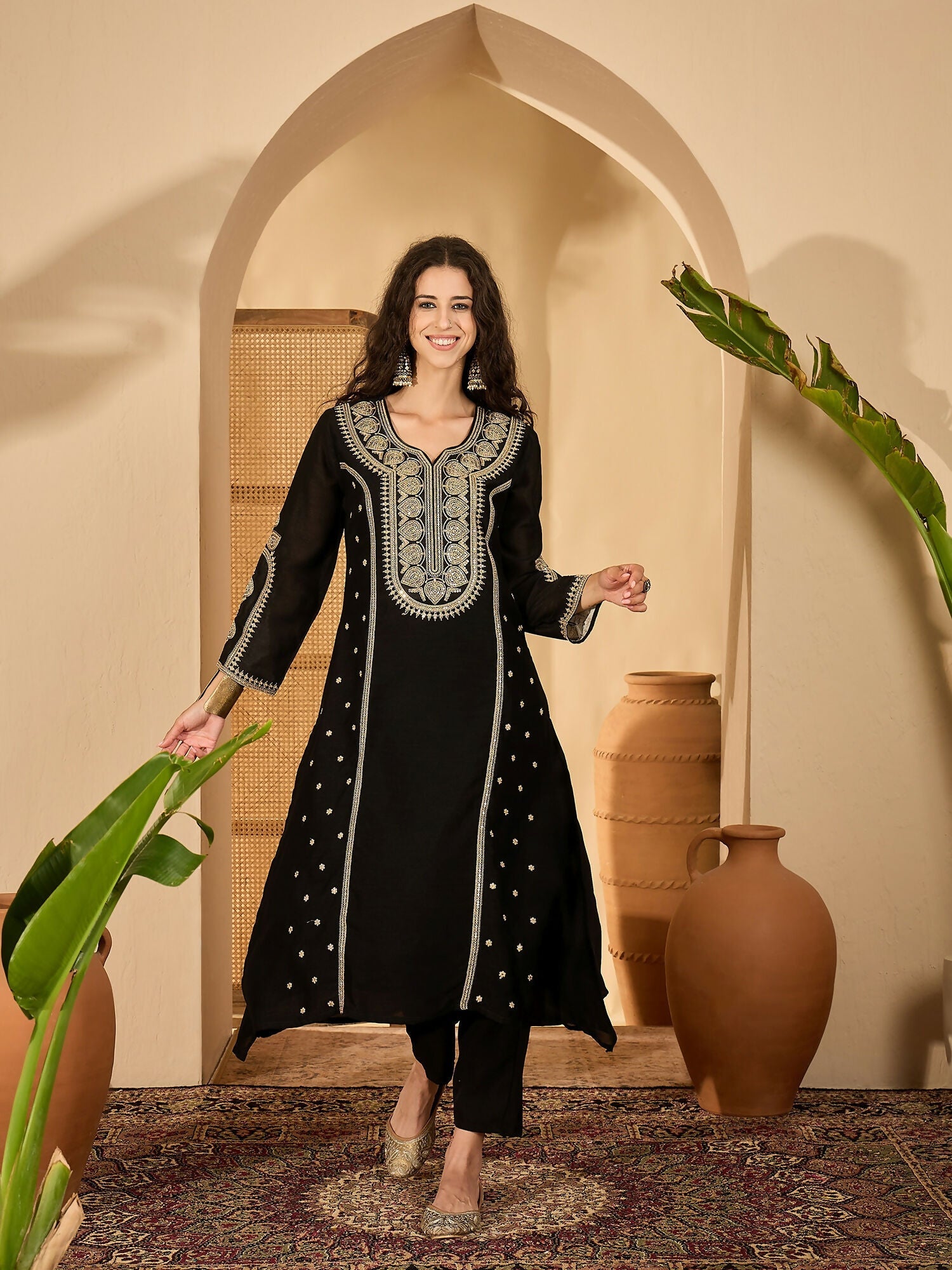 Joban Fashion Embroidery Black Vichitra Silk Kurta Set | Grocsy
