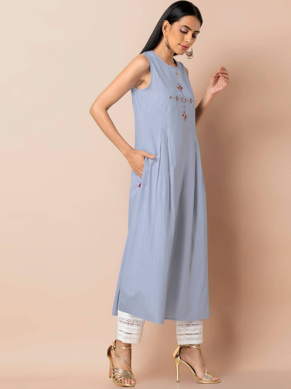 Indya Women Blue Solid A-Line Kurta | Grocsy