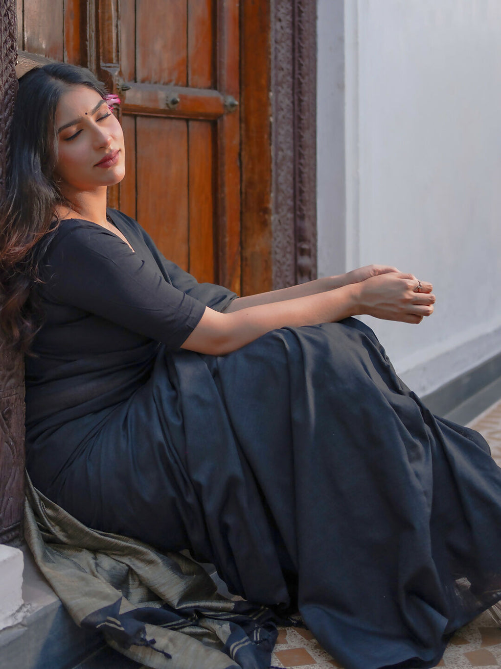 Zibaa Black & Gold Mul Cotton Saree | Grocsy