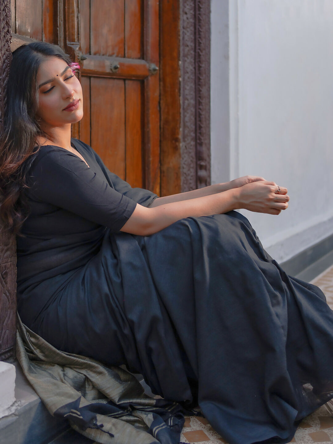 Zibaa Black & Gold Mul Cotton Saree | Grocsy