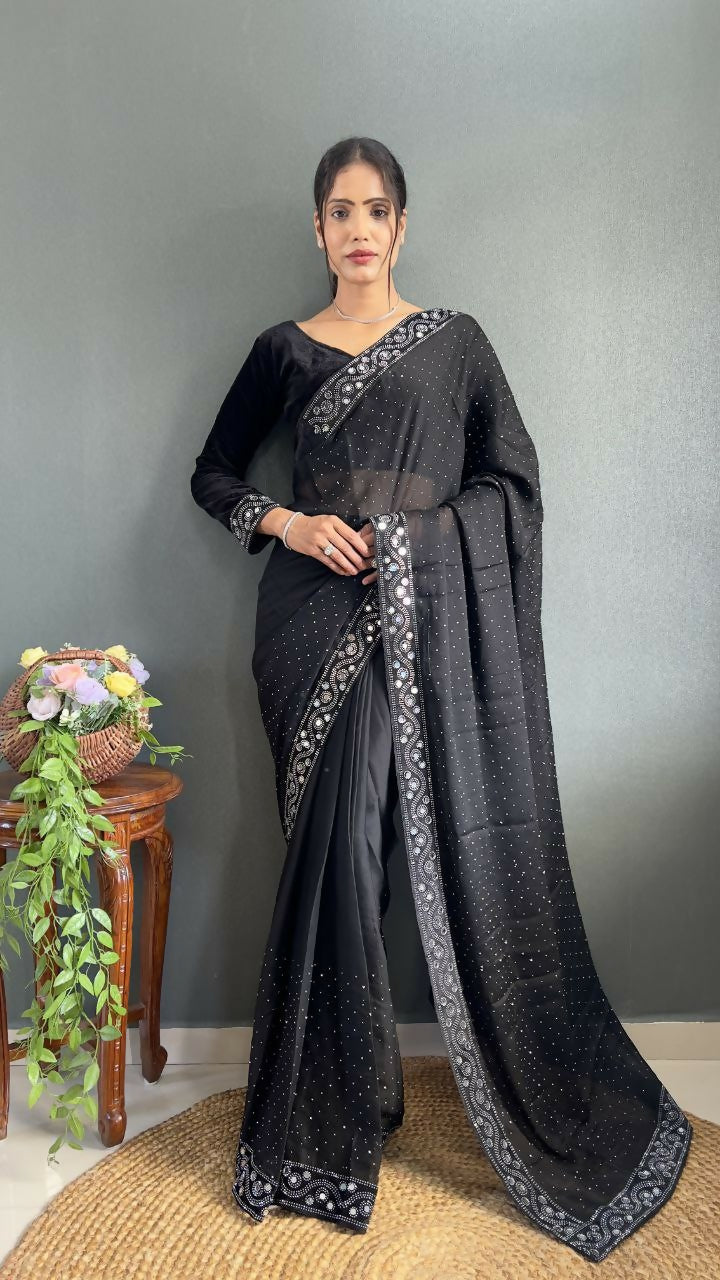 Vastranavya Black Rangoli Silk Real Mirror work with Swarovski work Ready to Wear Saree | Grocsy
