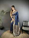 Joban Fashion Navy Blue Zari Weaving Motif Lichi Silk Banarasi Silk Saree | Grocsy
