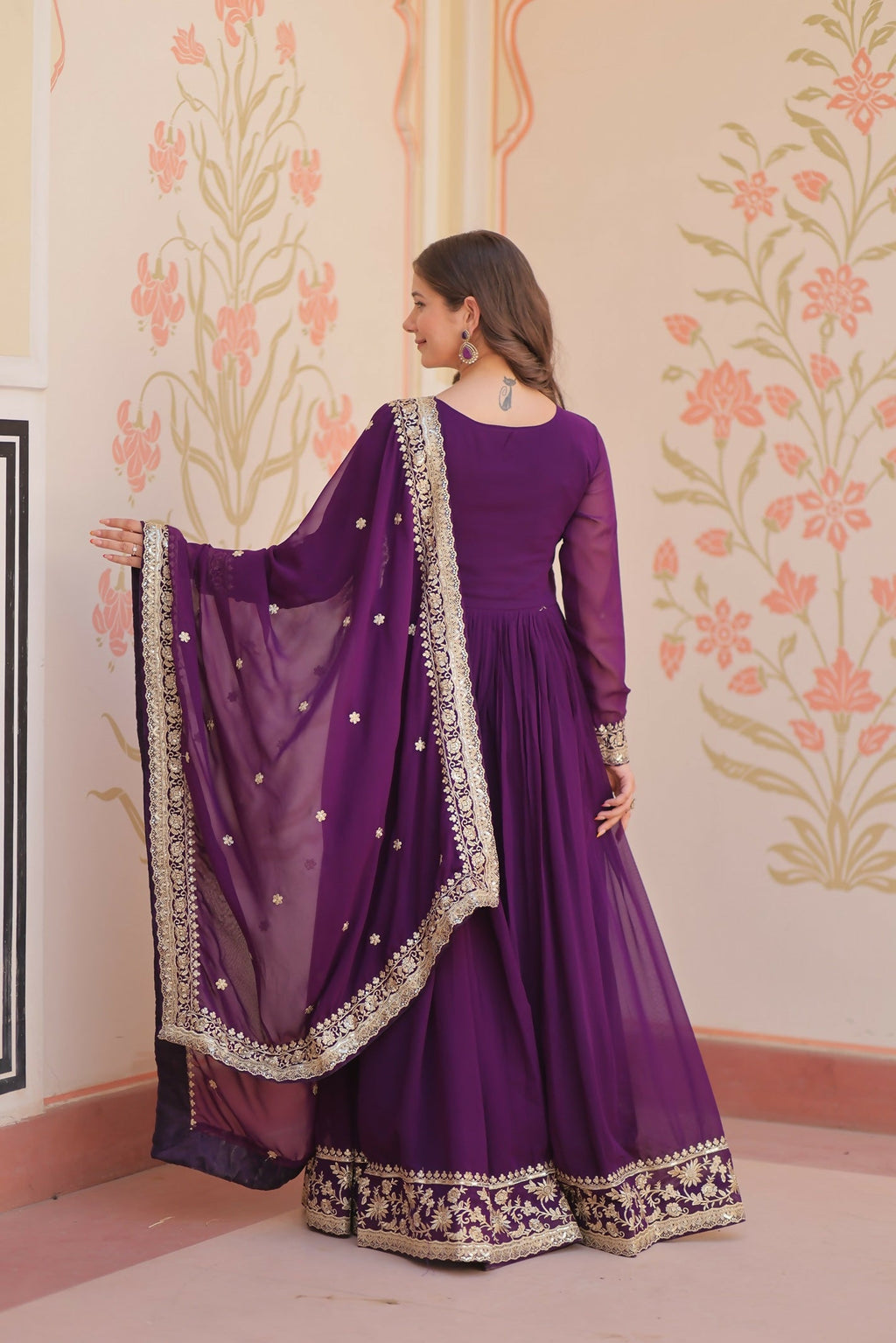 Joban Fashion Purple Georgette Sequence Embroidery Work Kurta Set | Grocsy