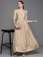 Ahalyaa Women's Beige Chanderi Gold Foil Print Dress | Grocsy