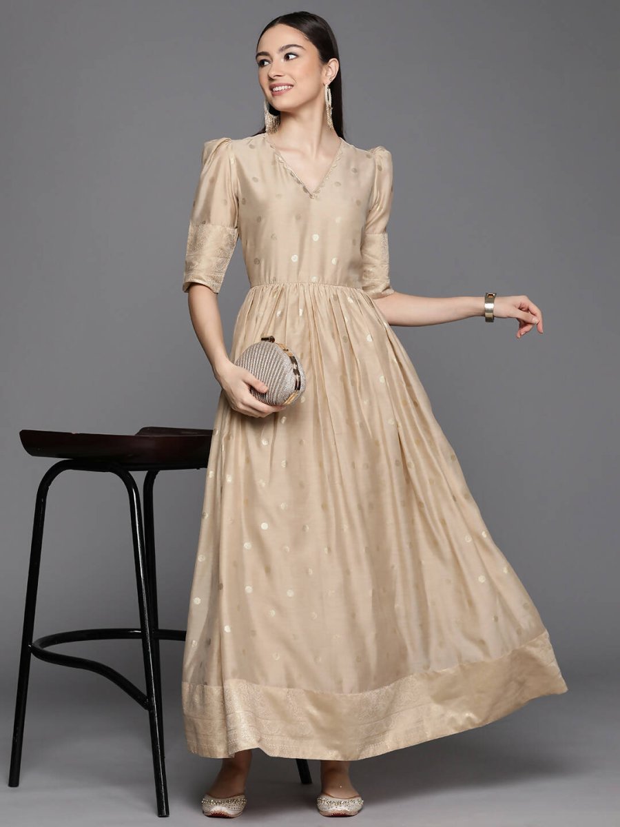 Ahalyaa Women's Beige Chanderi Gold Foil Print Dress | Grocsy
