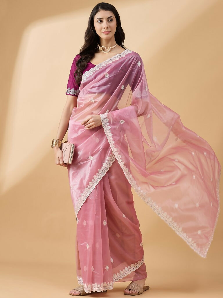 Pink Organza Sequence Embroidered Saree with Unstitched Blouse - Satya | Grocsy
