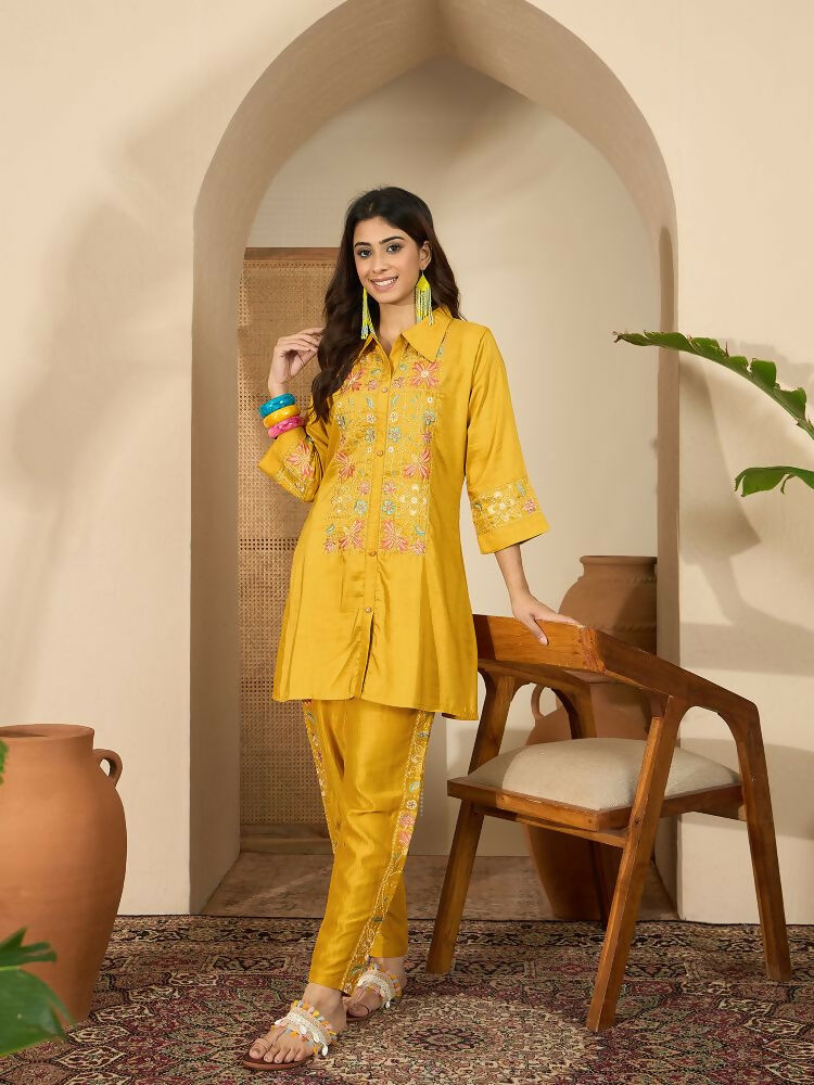 Joban Fashion Women Mustard Roman Silk Embroidered Stitched Kurta Set | Grocsy