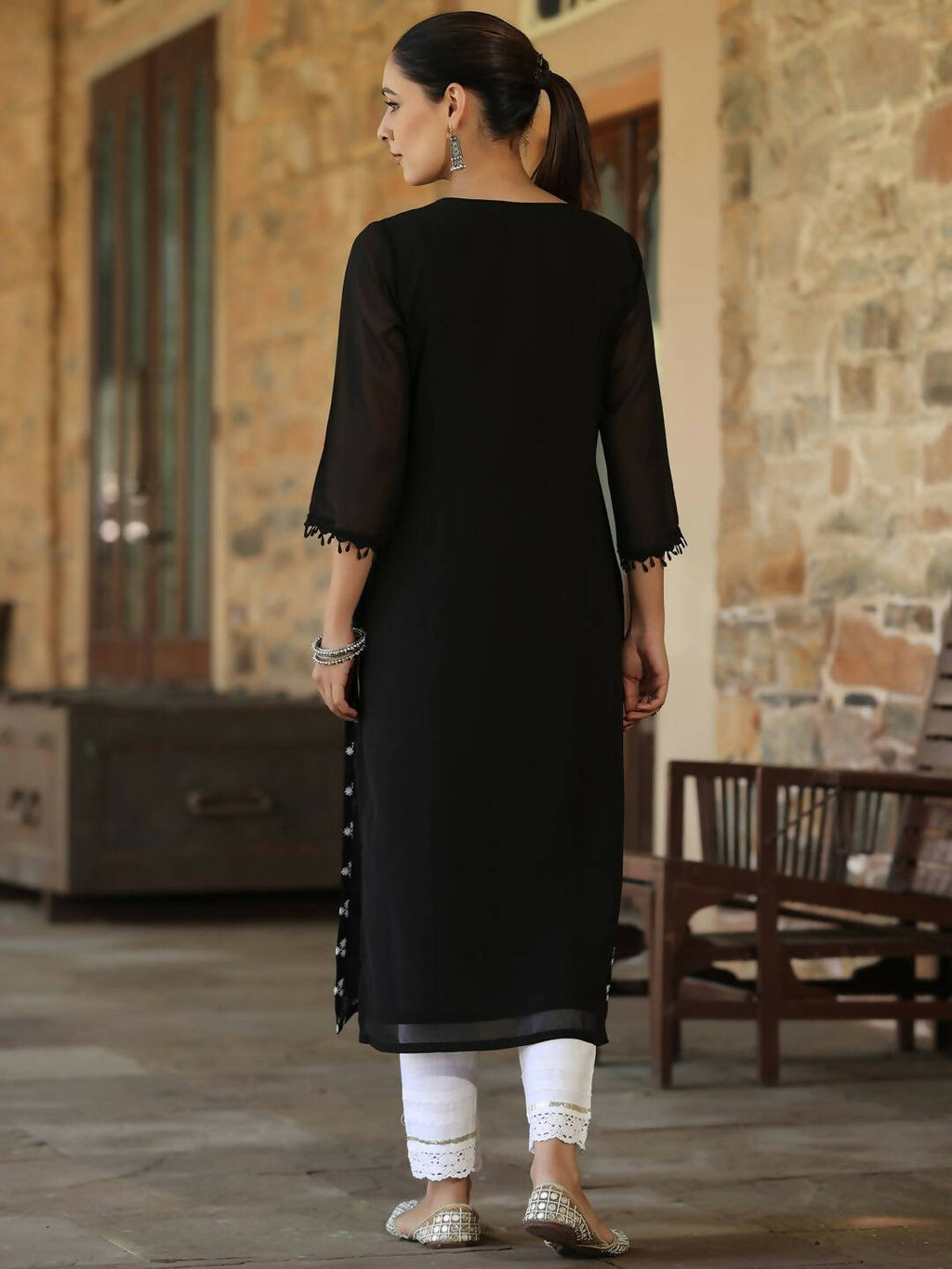 Juniper Women's Black Georgette Printed Kurta | Grocsy