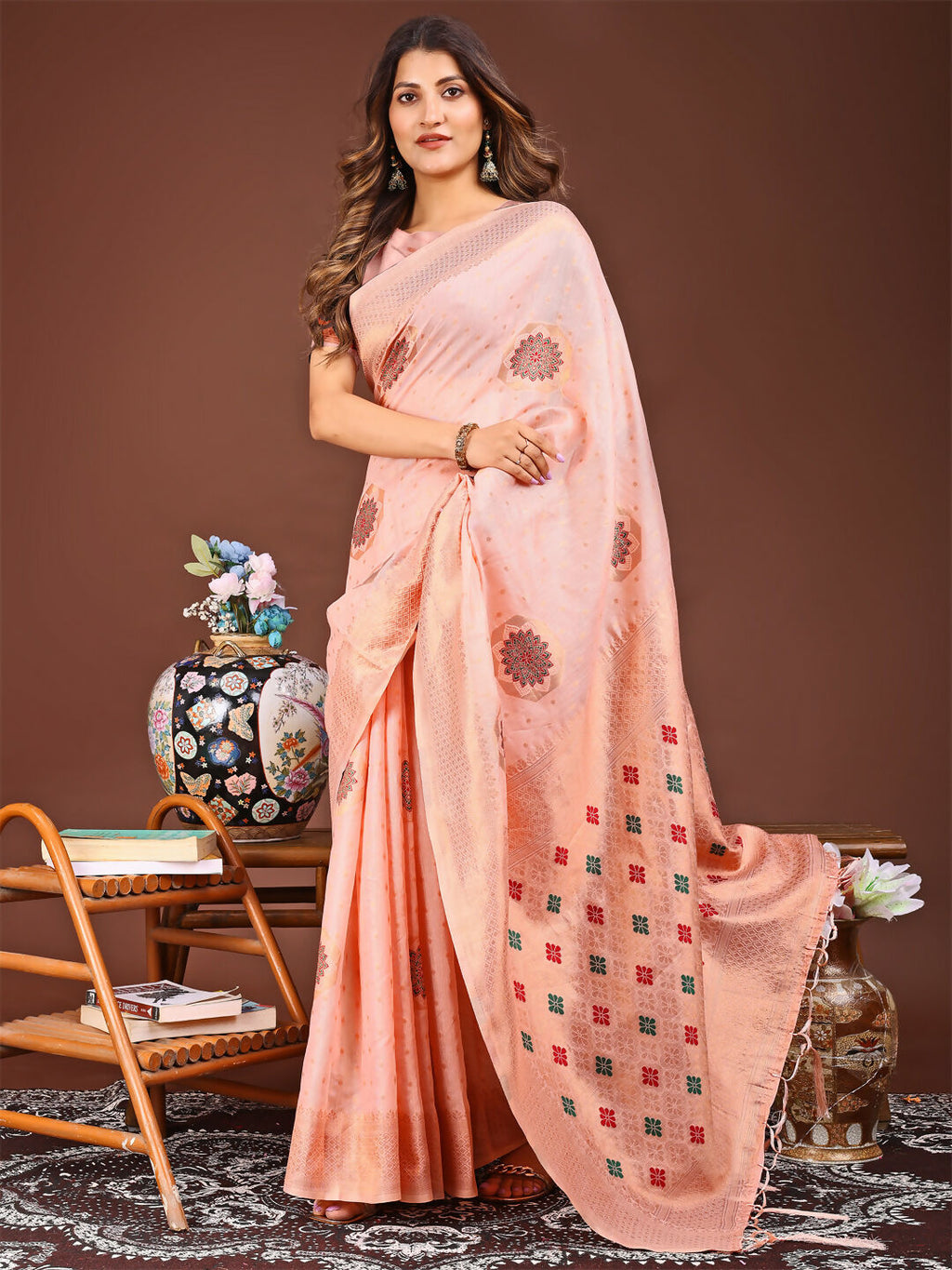 Shree Shyam Fashion Neerja Peach Linen Cotton Saree | Grocsy