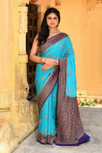 Joban Fashion Sky Blue Crepe Chiffon Pure Handloom Banarasi Silk Saree | Grocsy