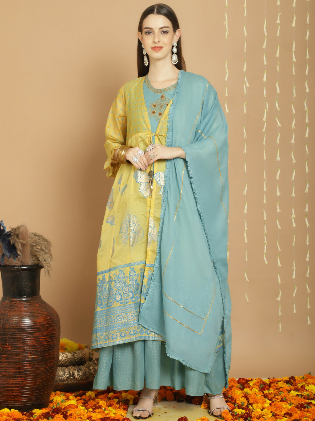Jyoti Fashion Women's Yellow Chanderi Silk Elegant Jardoshi Kurta with Trouser & Dupatta | Grocsy