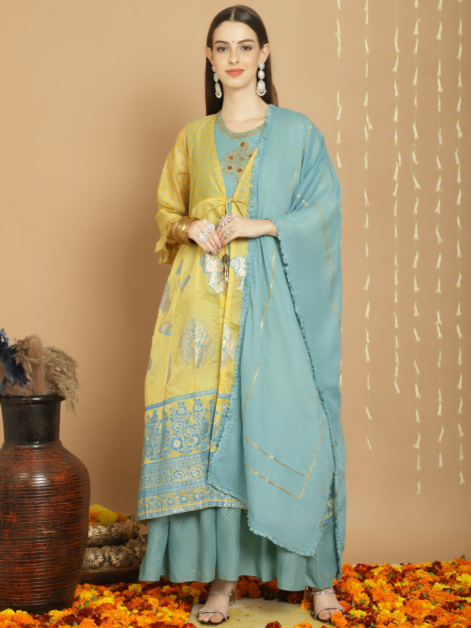 Jyoti Fashion Women's Yellow Chanderi Silk Elegant Jardoshi Kurta with Trouser & Dupatta | Grocsy