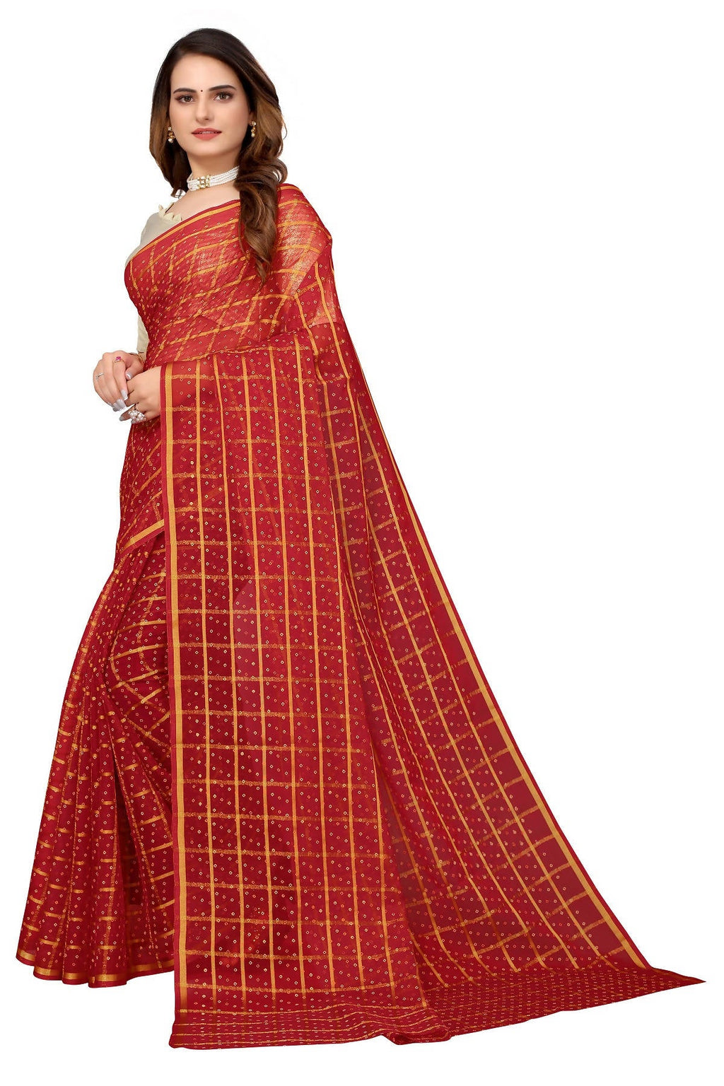Vamika Ethnic Fire Red Jari Work Chiffon Saree | Grocsy