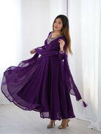 Teeya Creation Purple Color Pure Soft Georgette Embroidery Work Gown | Grocsy