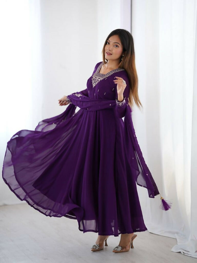 Teeya Creation Purple Color Pure Soft Georgette Embroidery Work Gown | Grocsy