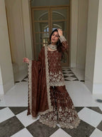 Teeya Creation New Trendy Latest Designer Embroidery Sharara Kurta Set -Brown | Grocsy