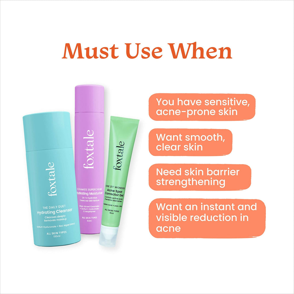 Foxtale ABC of Acne Control Trio Skin Care Kit: Acne Spot Correct Gel + Cleanser Face Wash + Ceramide Moisturizer | Grocsy