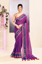 Piyari Fashion Women's Purple Embellished Zari Border Cotton Saree | Grocsy