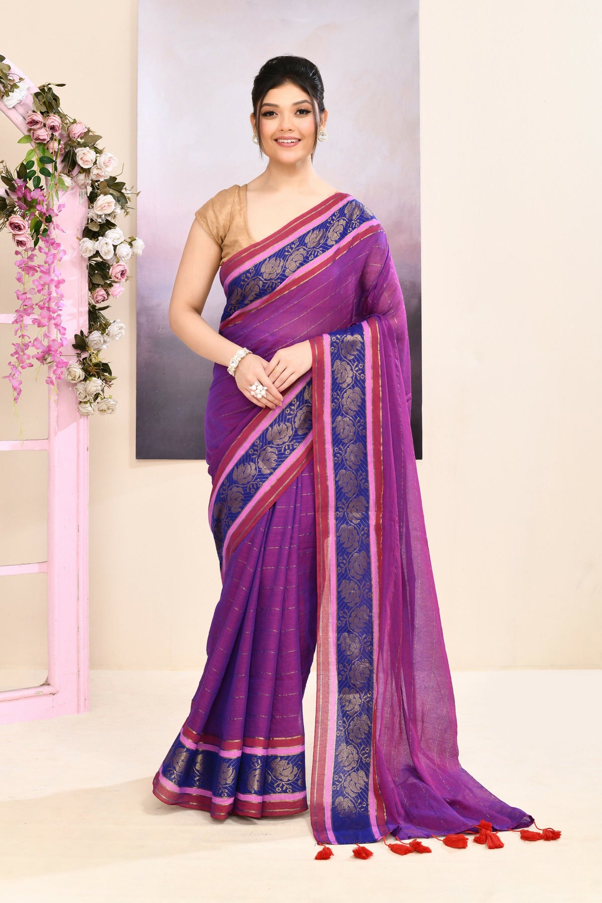 Piyari Fashion Women's Purple Embellished Zari Border Cotton Saree | Grocsy