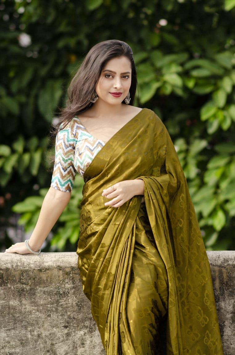 Mehndi Silk Blend Ethnic Motifs Saree with Unstitched Blouse - A2M | Grocsy