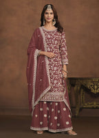 Faux Georgette Taupe Mauve Embroidered Festive Salwar Suit - Emponline | Grocsy