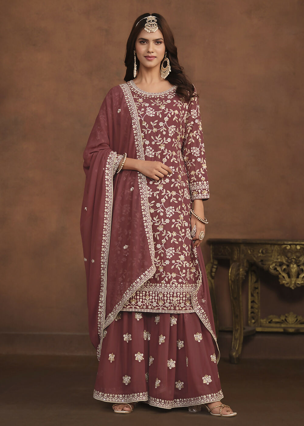 Faux Georgette Taupe Mauve Embroidered Festive Salwar Suit - Emponline | Grocsy