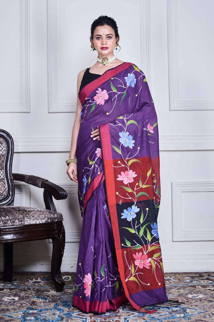 Morchari Multicolour Cotton Handloom Mirror Work Saree Unstitched Blouse | Grocsy
