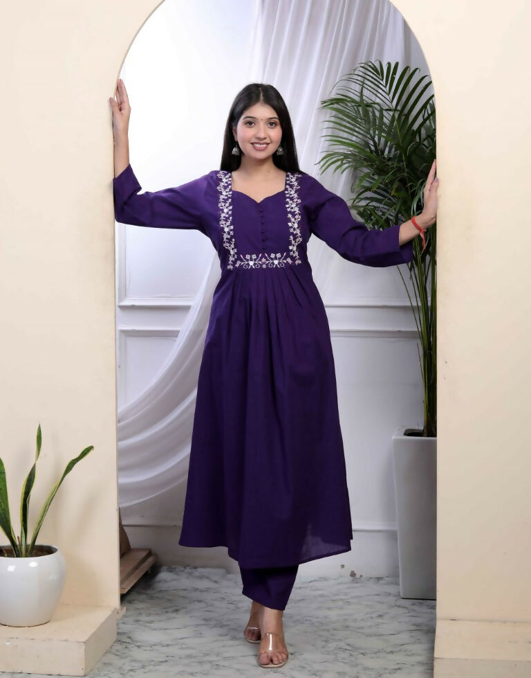 Miravan Women's Purple Embroidered Sweetheart Neck & Accordion Pleated Solid A-Line Kurta And Palazzo Set | Grocsy