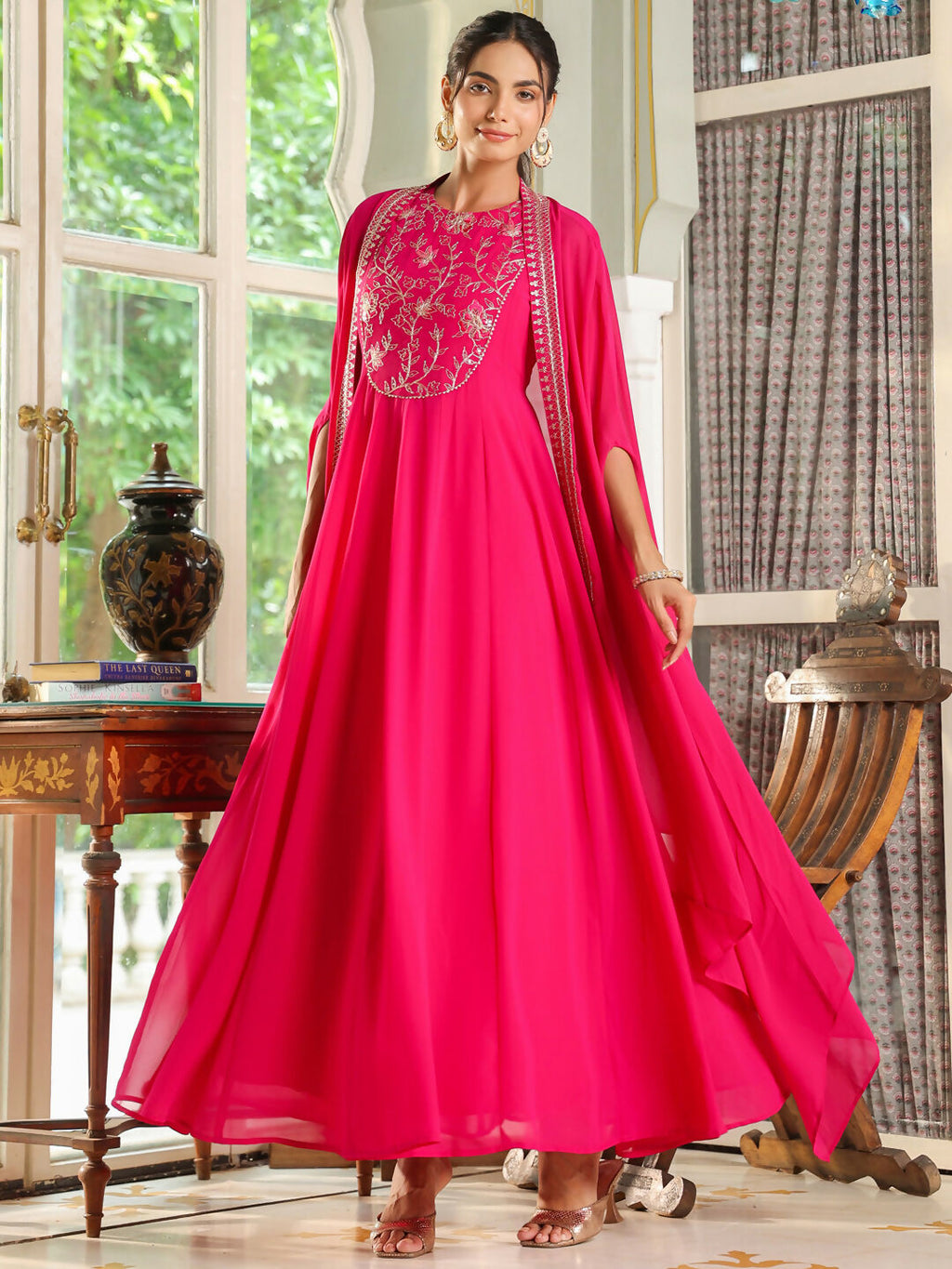 Janasya Pink Georgette Embroidered Dress & Cape | Grocsy
