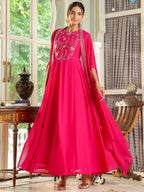 Janasya Pink Georgette Embroidered Dress & Cape | Grocsy