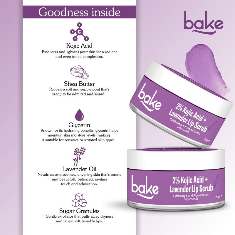 Bake 2% Kojic Acid Lavender Lip Scrub For Dark Lips & Pigmentation | Grocsy