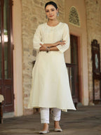 Juniper Women's Offwhite Cotton Flex Embroidered Straight Kurta | Grocsy