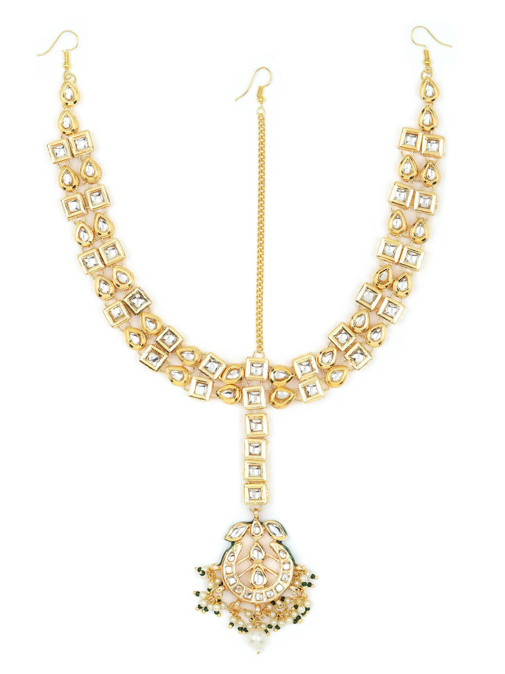 Gold-Polished White Green Kundan-Studded Pearl Beaded Matha Patti - Ruby Raang | Grocsy