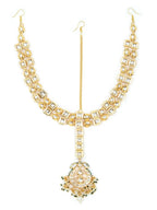 Gold-Polished White Green Kundan-Studded Pearl Beaded Matha Patti - Ruby Raang | Grocsy