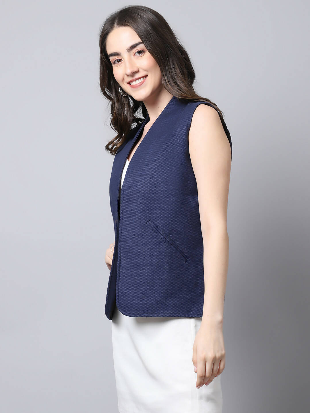 Even Apparels Navy Polywool Open Front Women's Waistcoat | Grocsy