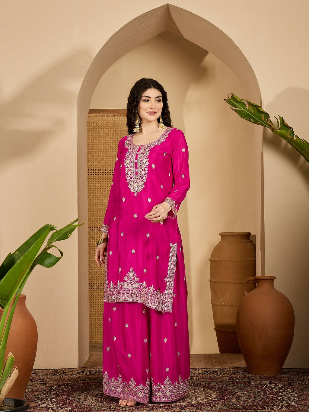 Joban Fashion Embroidery Pink Chinon Silk Kurta Set | Grocsy