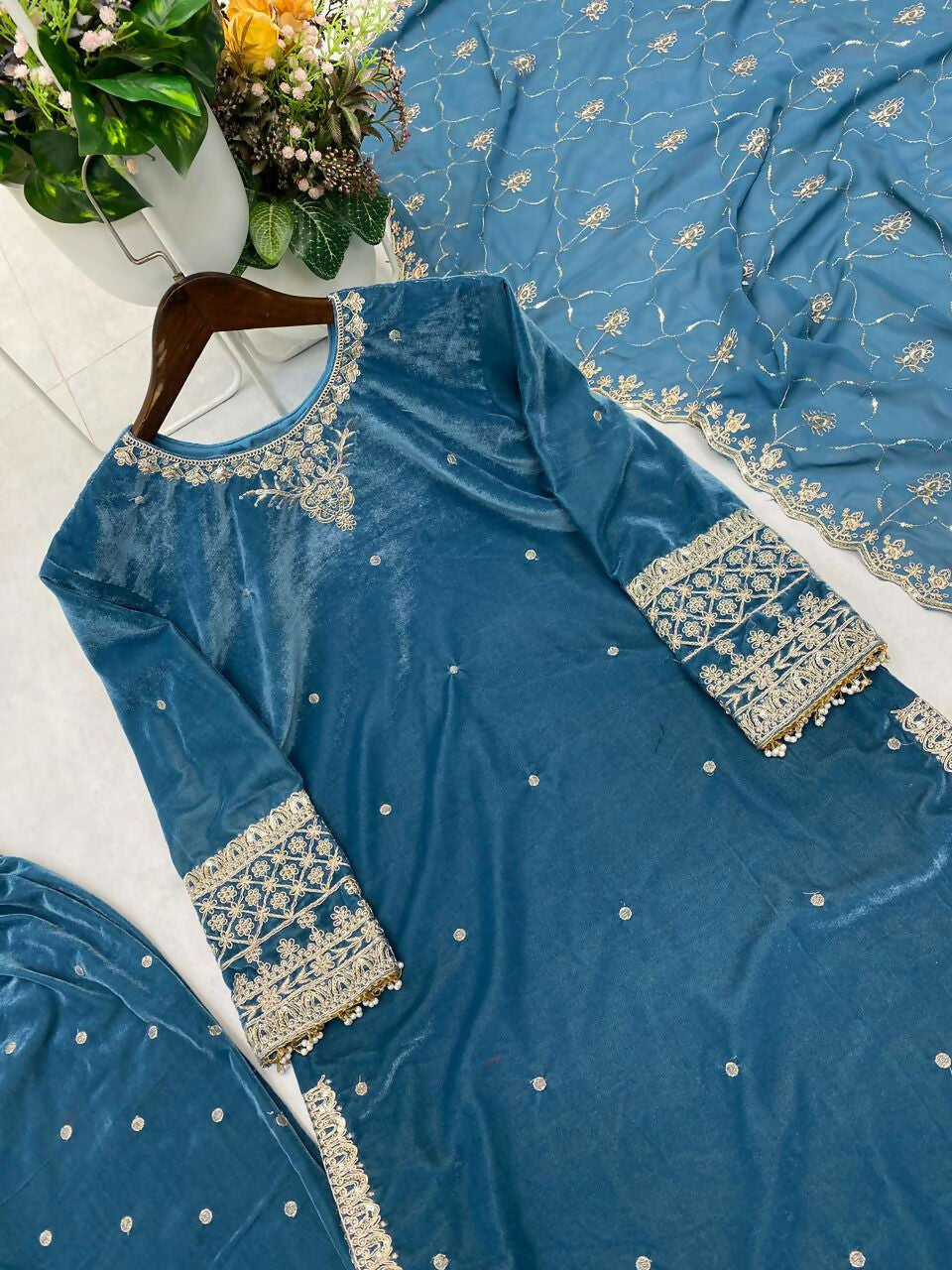 Vastranavya Blue Velvet Sequence Embroidery Work Kurta & Bottom With Dupatta | Grocsy