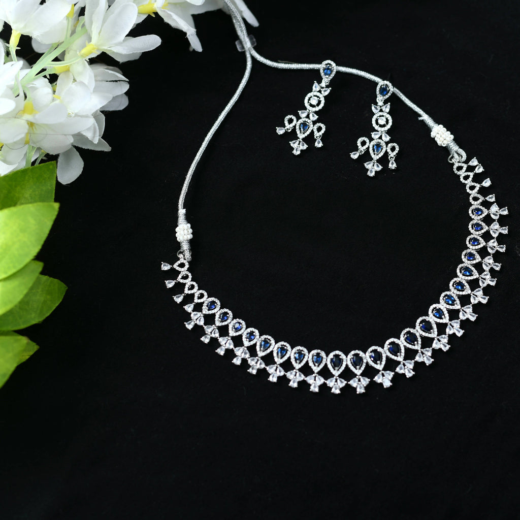 Mominos Fashion Johar Kamal Silver-Plated American Diamond Silver Blue Choker Set | Grocsy