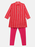 Ahalyaa Red Chanderi Khari Print Kids Kurta Churidar Set For Boys | Grocsy
