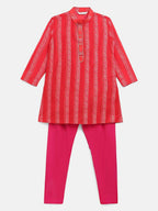 Ahalyaa Red Chanderi Khari Print Kids Kurta Churidar Set For Boys | Grocsy