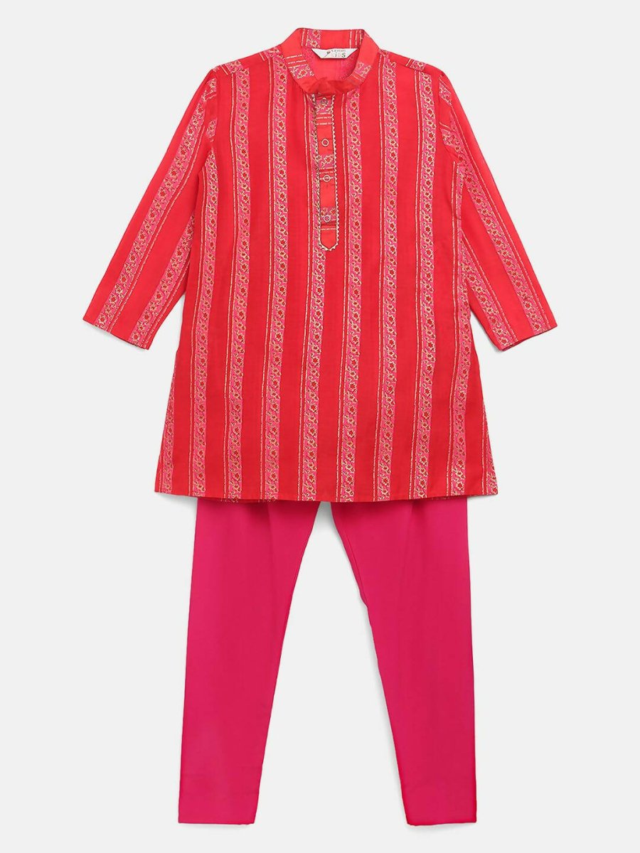 Ahalyaa Red Chanderi Khari Print Kids Kurta Churidar Set For Boys | Grocsy