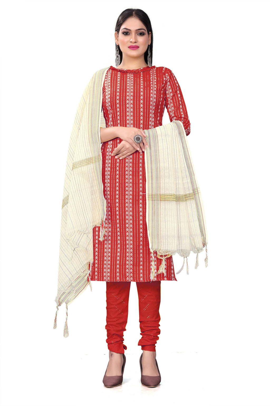 Red Cotton Jacquard Woven Unstitched Dress Material - Amara | Grocsy