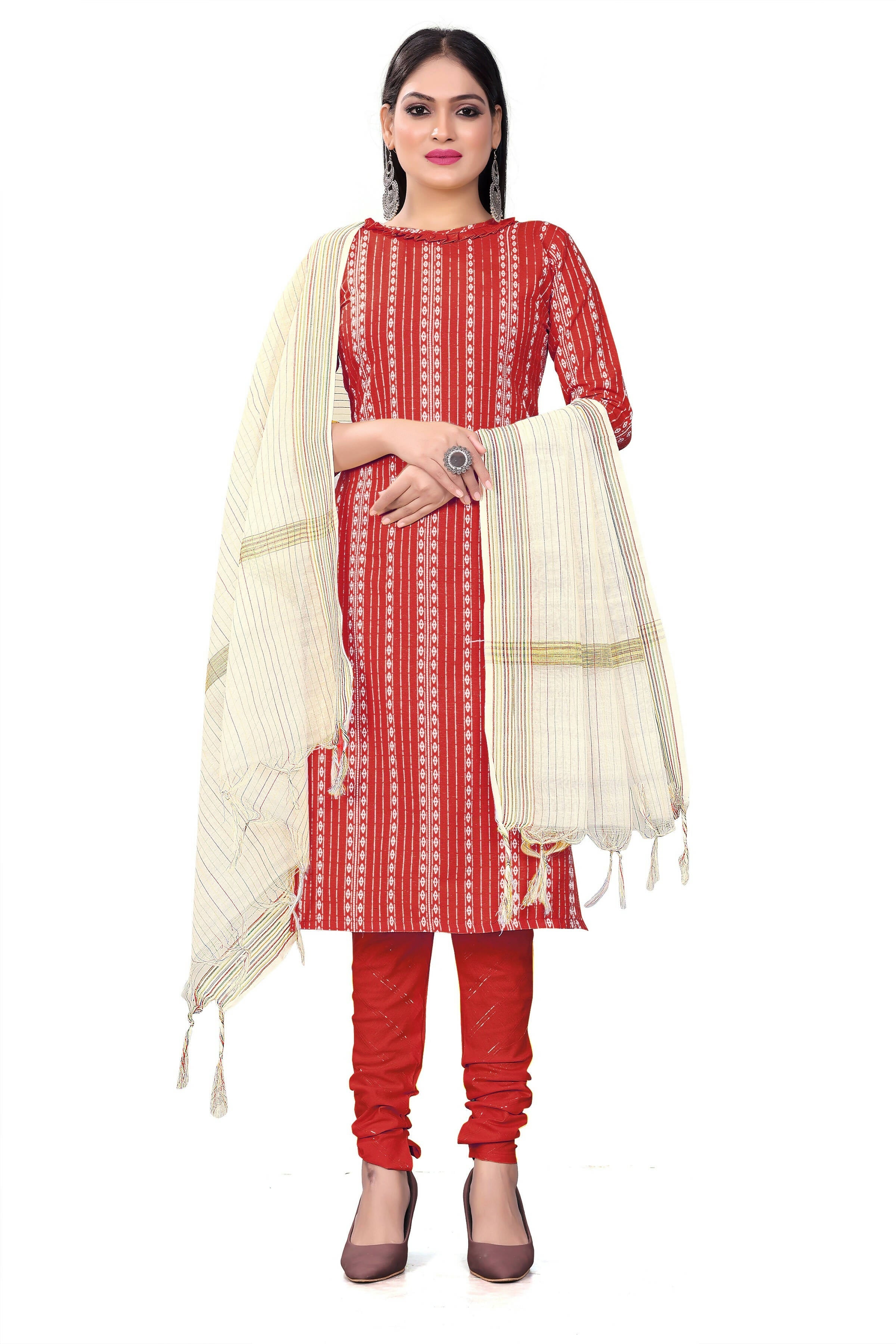 Red Cotton Jacquard Woven Unstitched Dress Material - Amara | Grocsy
