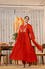 The52 Women's Gorgeous Embroidery Work Chanderi Silk Fabric Flared Kurta Pant and Dupatta Set-Orange | Grocsy