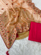 Vastranavya Twill Net Designer Embroidery & Colour Thread & Diamond work Saree with Blouse Material - Peach | Grocsy