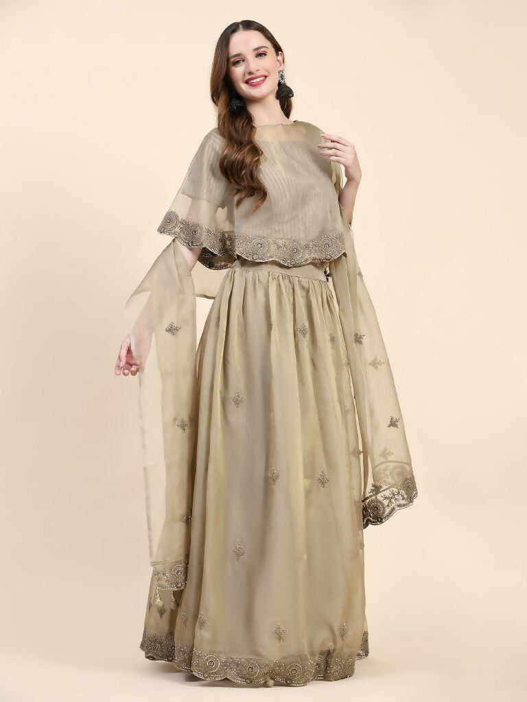 Green Silk Embroidered Poncho Pattern Top & Lehenga with Dupatta - Tanya | Grocsy