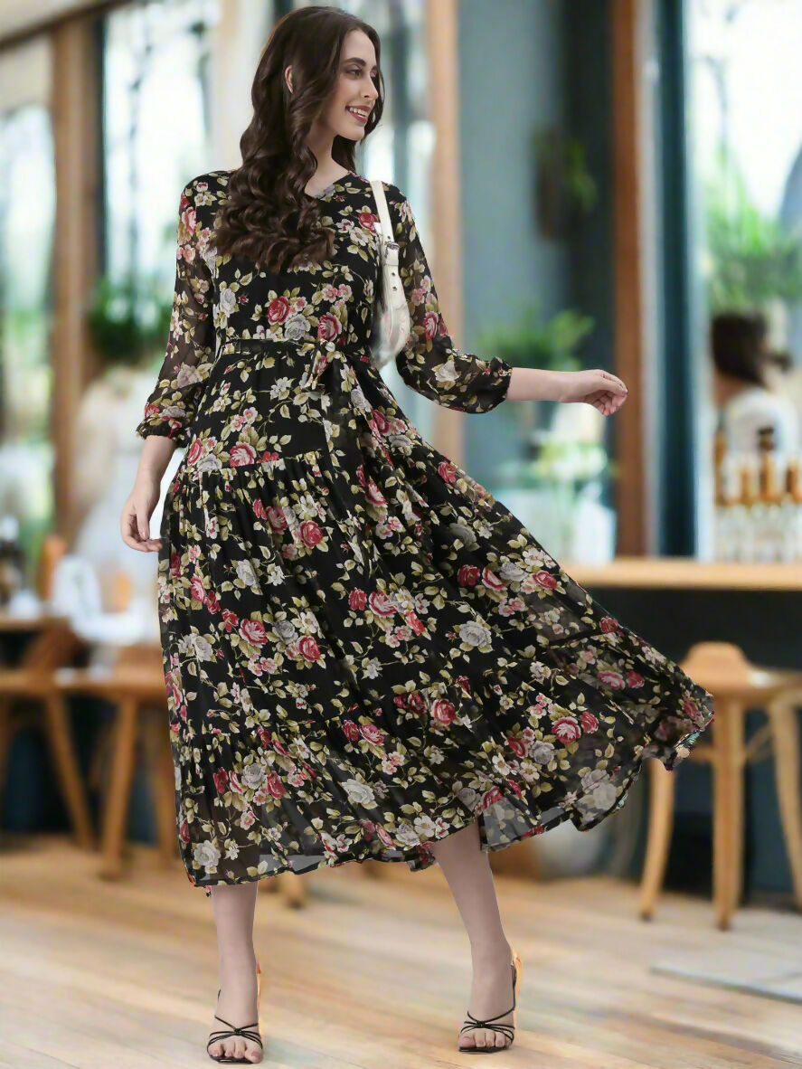 Souchii Black Floral Chiffon Dress | Grocsy