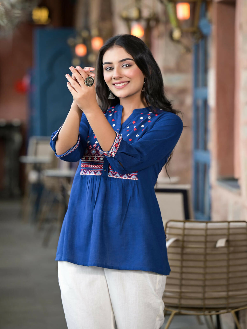Juniper Women's Blue Solid Cotton Short Tunic With Thread & Mirror Work | Grocsy