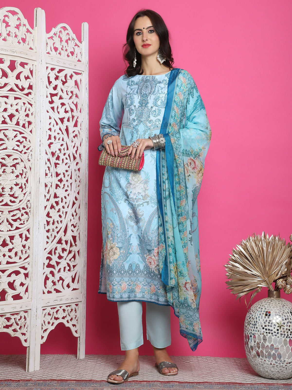 Jyoti Fashion Women's Turquoise Satin Traditional Digital Print with Crystal work Kurta with Trouser & Dupatta | Grocsy